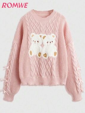 Cute Pink Teddy Bear Cable Knit Sweater